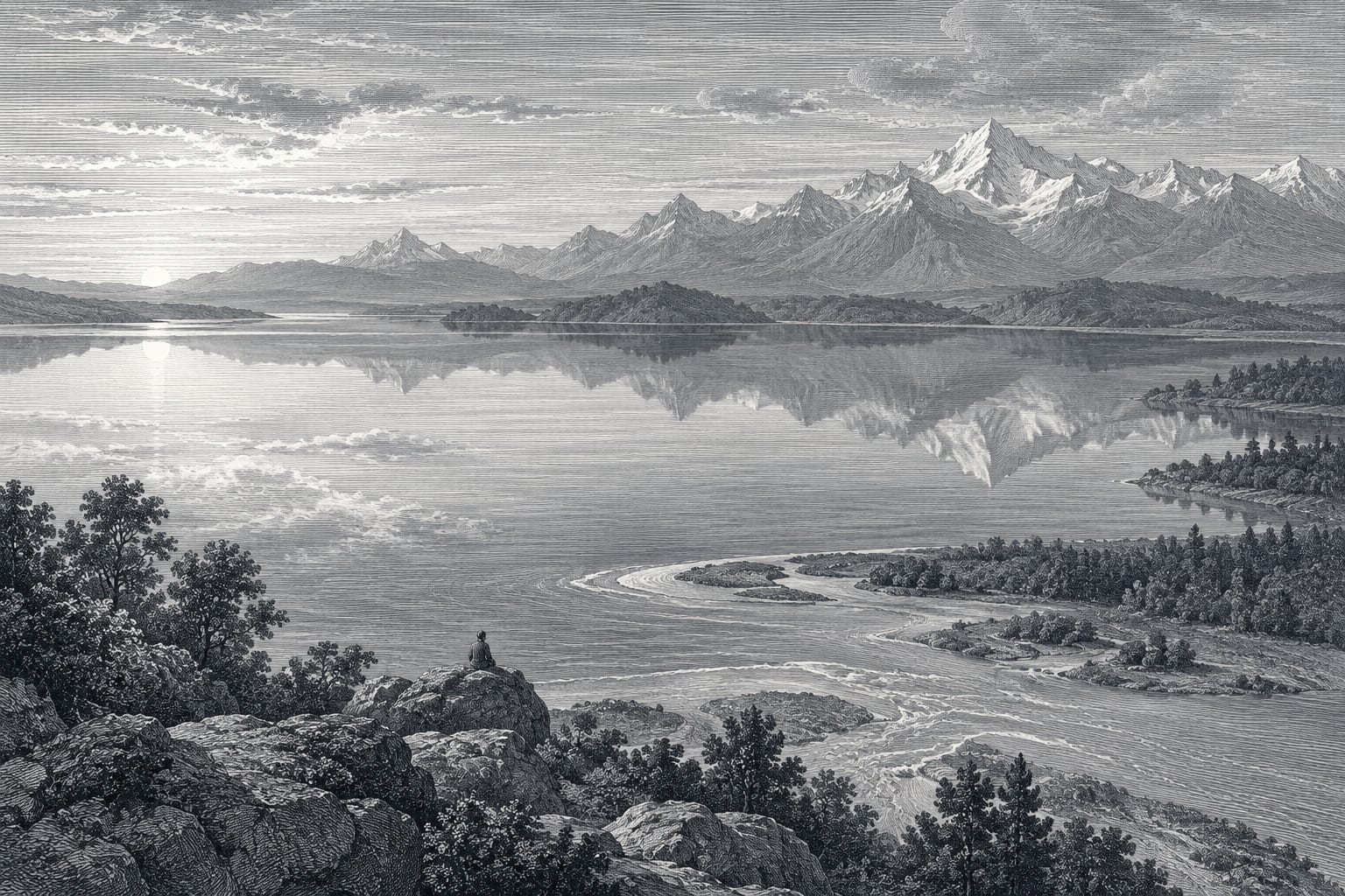 A wide still lake at first light seen from a high shore. Silt clouds the near water where a river enters; the far water holds the mountains in reflection. One small figure sits on a rock at the edge.
